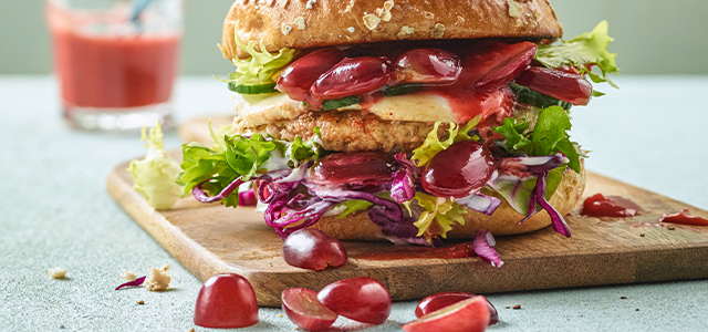 Grilled chicken burger with grape ketchup