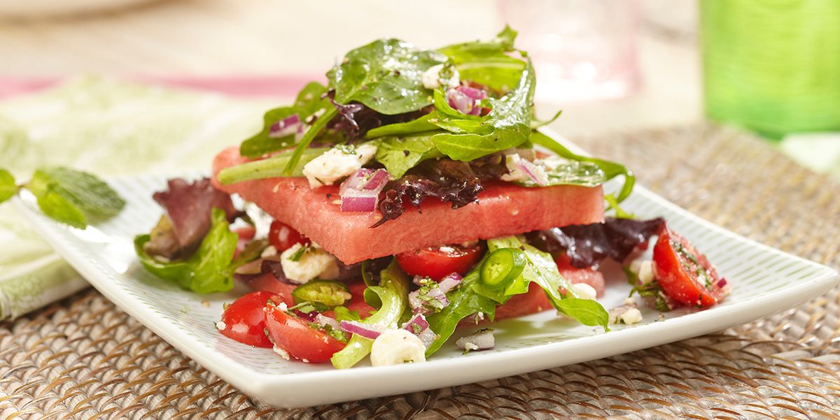 Layered Watermelon, Tomato and Mixed Greens Salad with Feta Cheese