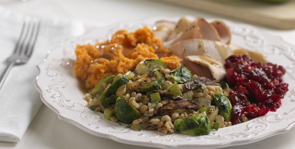 Farro, Caramelized Brussels Sprouts and Wild Mushroom Stuffing