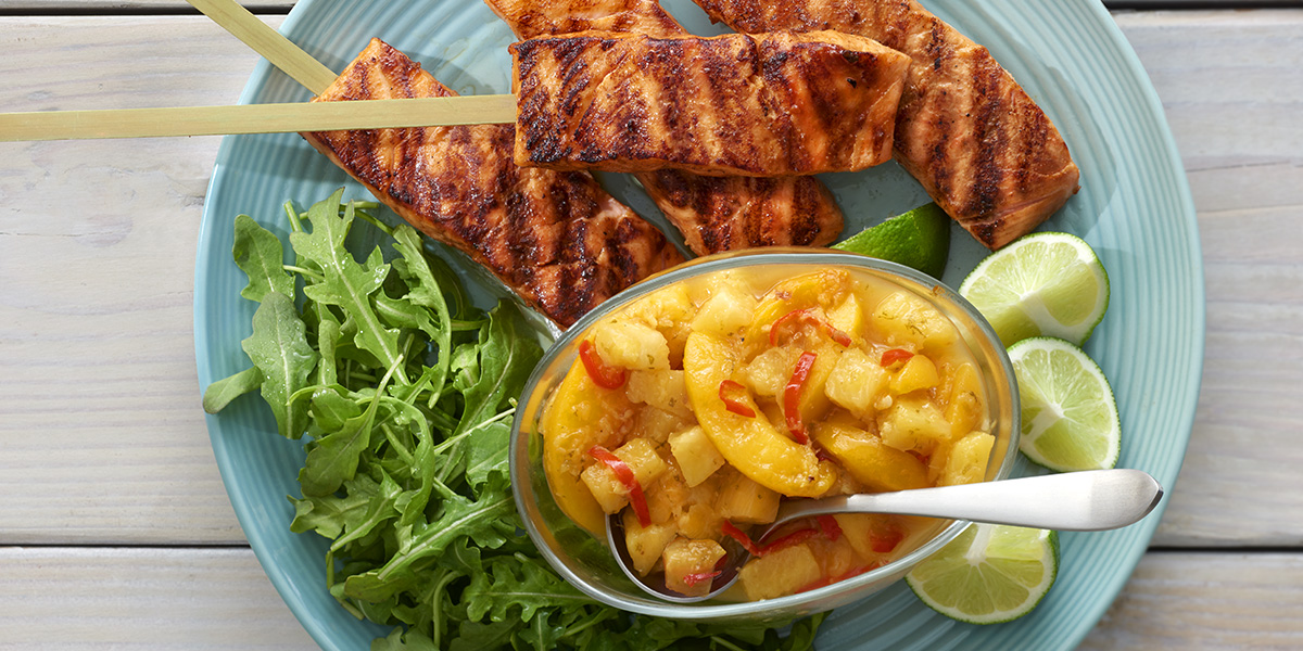 Grilled Miso Glazed Salmon with Pineapple Ginger Peach Chutney