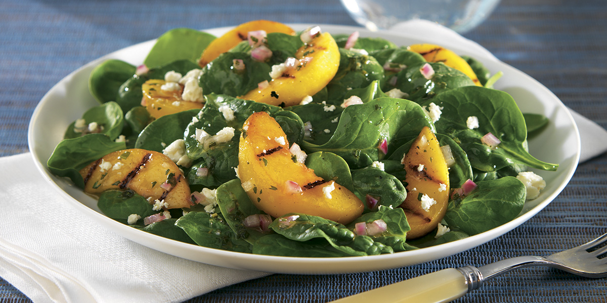 Grilled Peach Salad with Spinach and Red Onion Vinaigrette