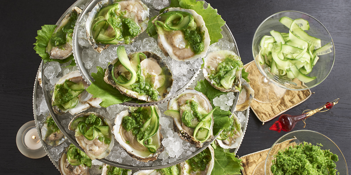 Chilled Fresh Oysters with Cucumber and Kale Granita
