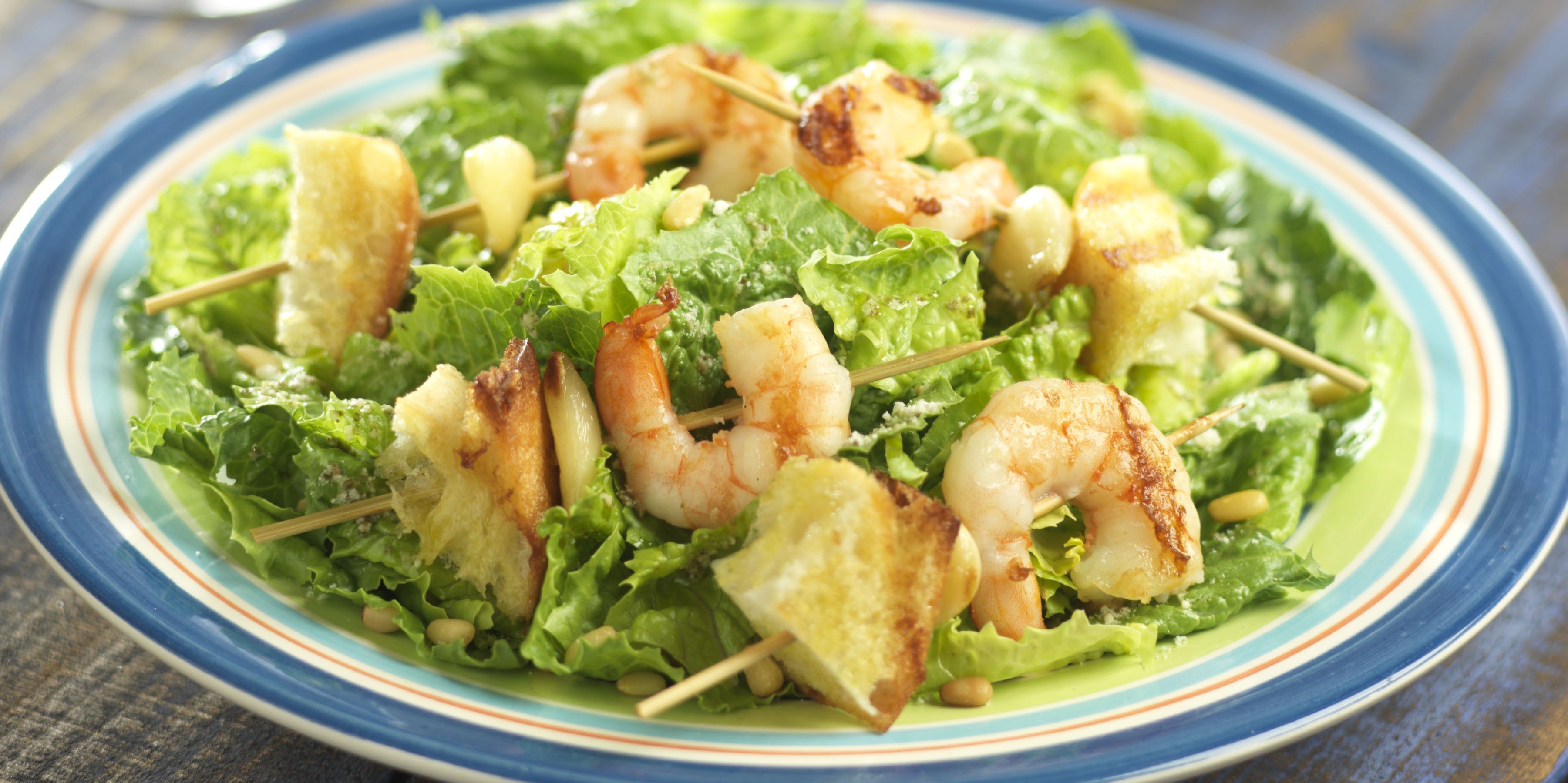 Pesto Shrimp Skewers with Hearts of Romaine