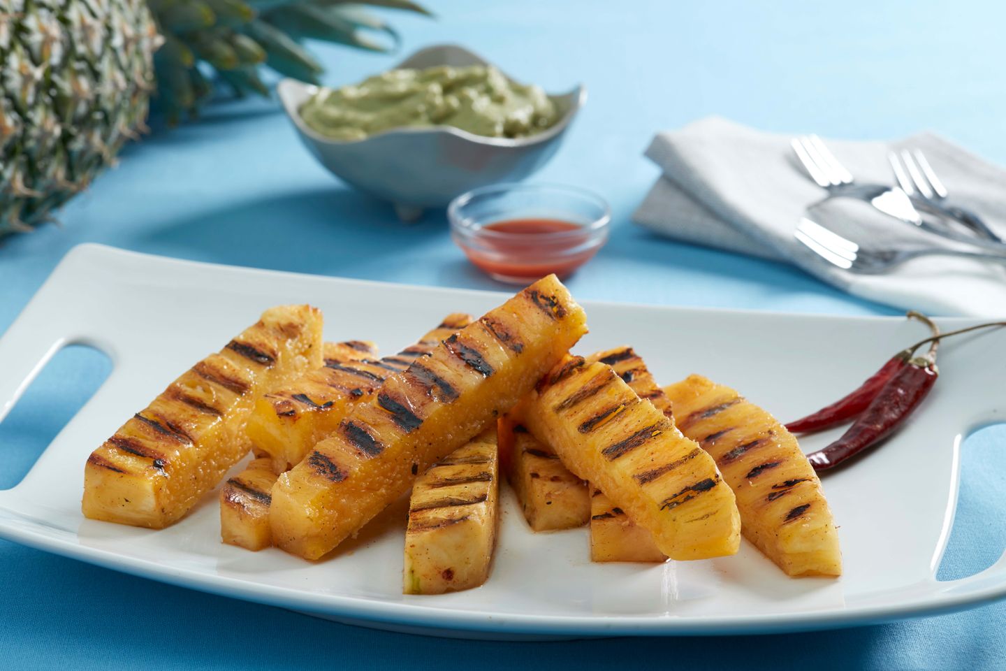 Grilled Pineapple Fries with Avocado-Sriracha Dip