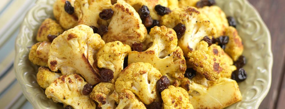 Roasted Cauliflower with Curry and Raisins