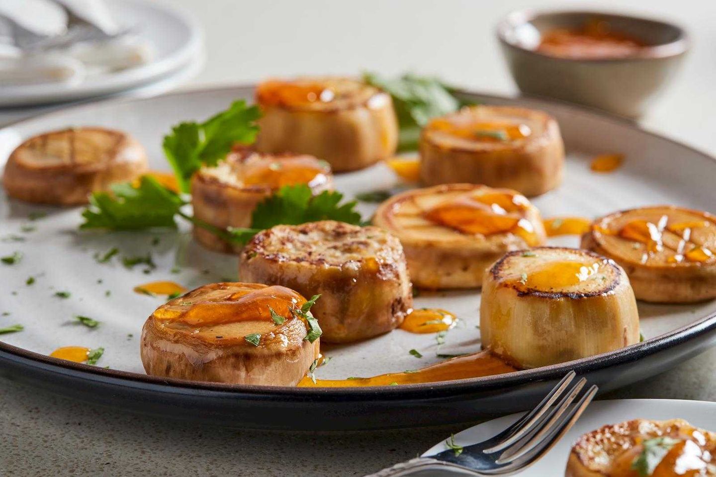 Seared Mushroom & Eggplant “Scallops” with Pineapple-Apricot Glaze